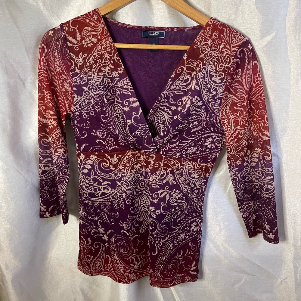 y2k Chaps Purple Red Paisley Print V-Neck Mesh 3/4 Sleeve Blouse Top